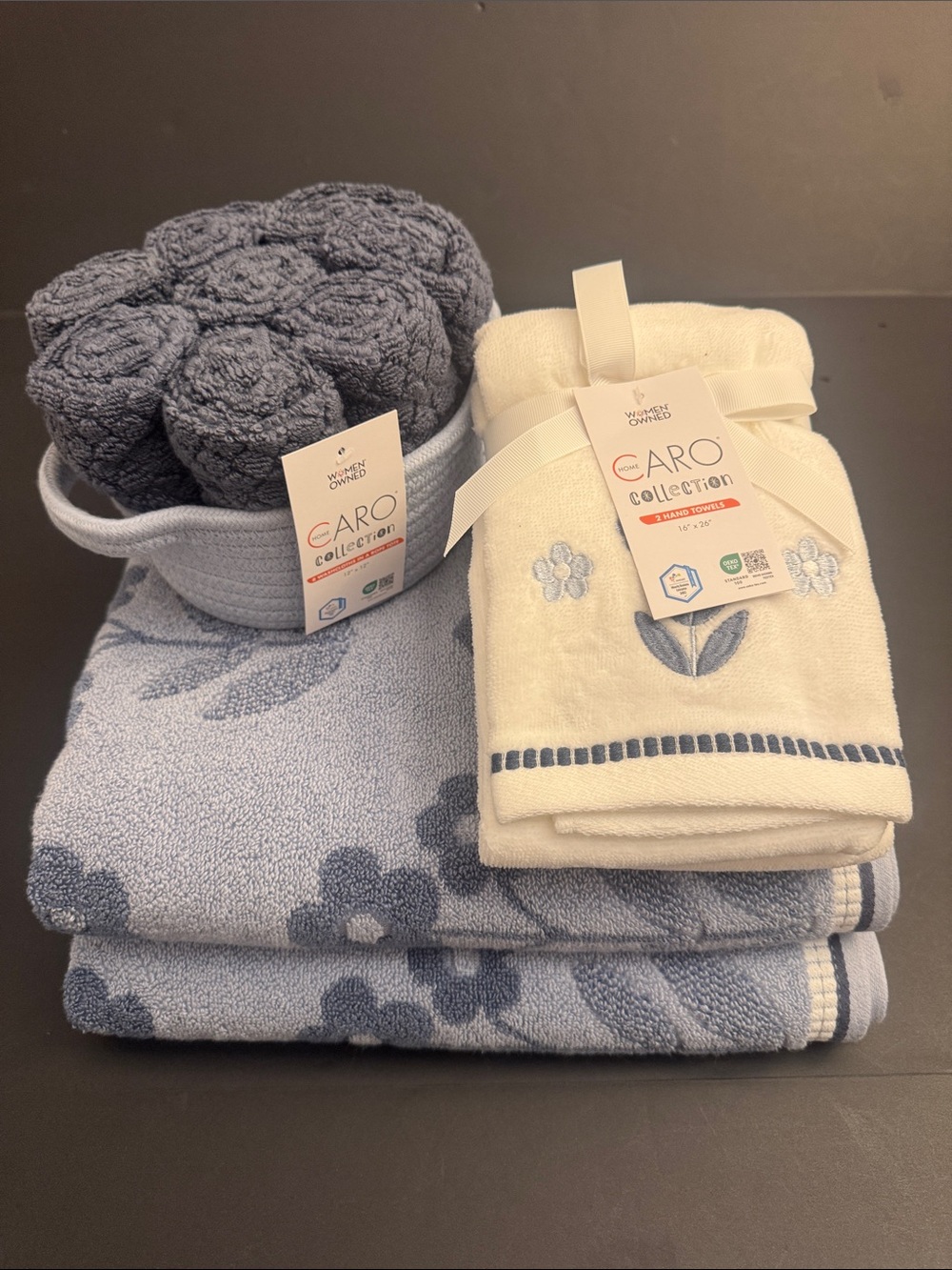 12pc CARO HOME Collection  Blue Floral Cotton Zero Twist Yarns Bath Towel Set